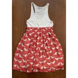 Mink Pink Paper Bag Chiffon Dress | XS | White & Coral Bird Print